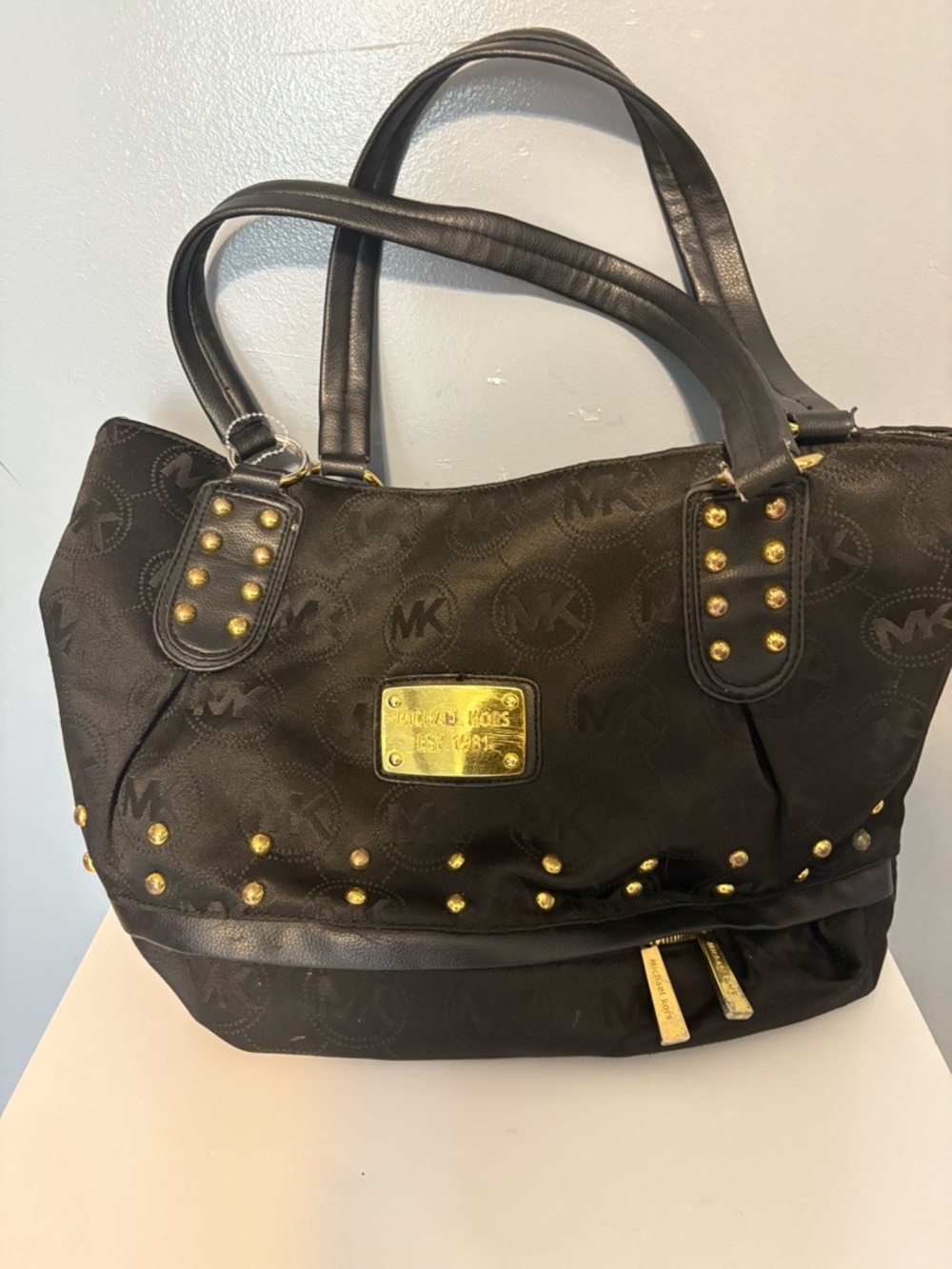 Michael Kors Black MK Logo Tote with Gold Stud Accents